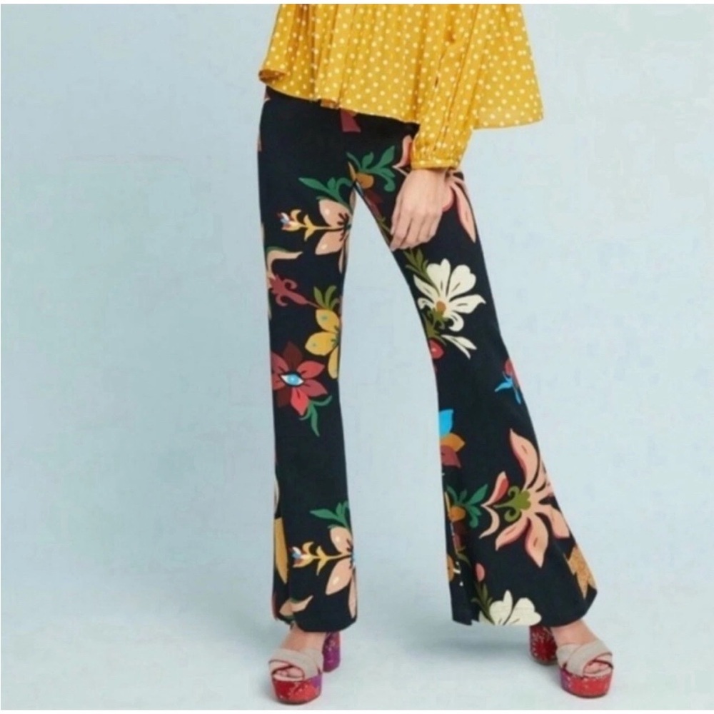 FARM Rio Black Floral Boot-Cut Pants with Multicolor Blooms